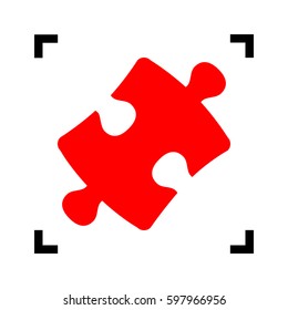 Puzzle piece sign. Vector. Red icon inside black focus corners on white background. Isolated.