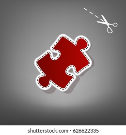 Puzzle piece sign. Vector. Red icon with for applique from paper with shadow on gray background with scissors.