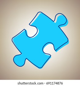 Puzzle piece sign. Vector. Sky blue icon with defected blue contour on beige background.