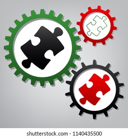 Puzzle piece sign. Vector. Three connected gears with icons at grayish background.