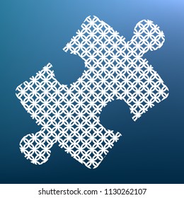 Puzzle piece sign. Vector. White textured icon at lapis lazuli gradient background.