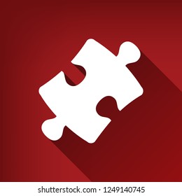Puzzle piece sign. Vector. White icon with limitless shadow at ruby red background.