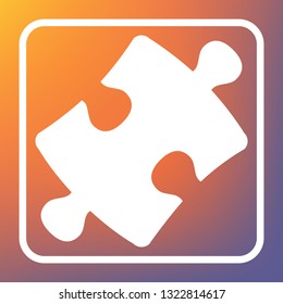 Puzzle piece sign. Vector. White icon on transparent button at orange-violet gradient background.