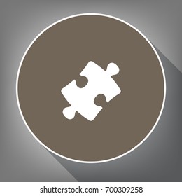 Puzzle piece sign. Vector. White icon on brown circle with white contour and long shadow at gray background. Like top view on postament.
