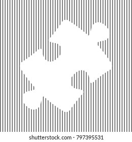 Puzzle piece sign. Vector. White icon on grayish striped background. Optical illusion.