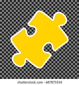 Puzzle piece sign. Vector. Yellow icon with white contour on dark transparent background.