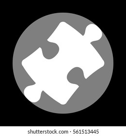 Puzzle piece sign. White icon in gray circle at black background. Circumscribed circle. Circumcircle.