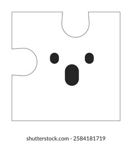 Puzzle piece with surprised face black and white 2D line object. Psychology personality curiosity. Facial expression jigsaw isolated clip art vector outline item. Monochromatic spot illustration