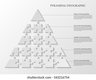 Puzzle piece, triangle business presentation. Circle pyramid infograph. Step process diagram. Section compare banner.