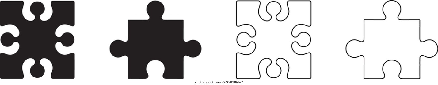 PUZZLE PIECE, Two set of PUZZLE PIECE in one frame, PUZZLE PIECE silhouette vector art illustration isolated on white background.