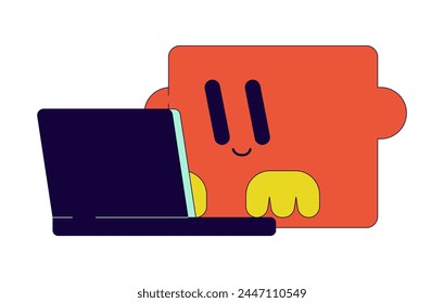 Puzzle piece typing laptop 2D linear cartoon character. Geometric personage using notebook isolated line vector personage white background. Educational preschool shape color flat spot illustration