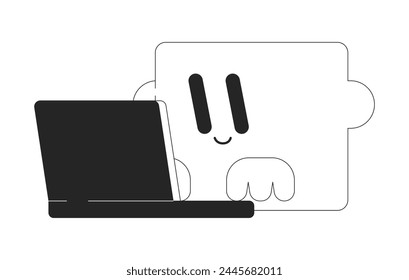 Puzzle piece typing laptop black and white 2D line cartoon character. Geometric personage using notebook isolated vector outline personage. Educational preschool monochromatic flat spot illustration