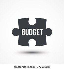 Puzzle piece with a word BUDGE. Flat icon