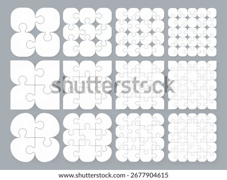 Puzzle pieces of 16, 9, 4, 25, 2x2, 3x3, 4x4, 5x5. 
White jigsaw puzzle game vector template.