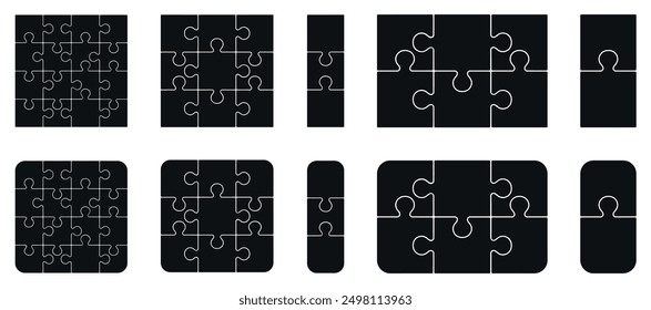 Piezas del rompecabezas 2, 3x2, 3, 3x3, 4x4 aisladas en el fondo blanco. Plantilla de Vector
rompecabezas con ángulos rectos, redondeado.