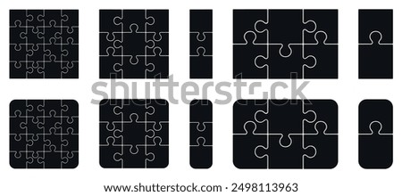 Puzzle pieces 2, 3x2, 3, 3x3, 4x4 isolated on white background. Vector template
jigsaw puzzle with right angles, rounded.