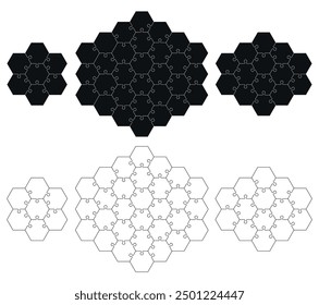 Piezas del rompecabezas 7, 30, 14 aisladas en el fondo blanco. Maqueta de Vector de rompecabezas hexagonal con ángulos rectos