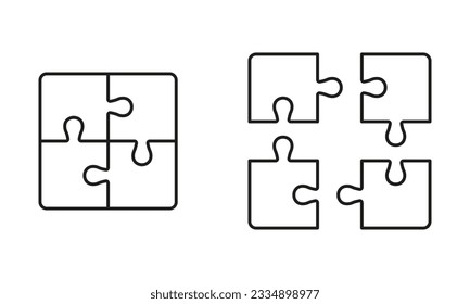 Puzzle Pieces Assemble and Disassemble, Game Combination Line Icon Set. Teamwork, Strategy, Integration Outline Sign. Unfinished Jigsaw Linear Pictogram. Editable Stroke. Isolated Vector Illustration.