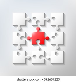 Puzzle pieces are assembled in the square. 1 red exception piece in a group of white. Vector illustration.