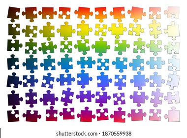 Puzzle pieces  Assorted rainbow gradient colored jigsaw puzzle pieces  but not put together yet  Isolated vector illustration white background 
