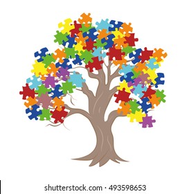Puzzle Pieces in Autism Awareness Colors Background, 3D rendering