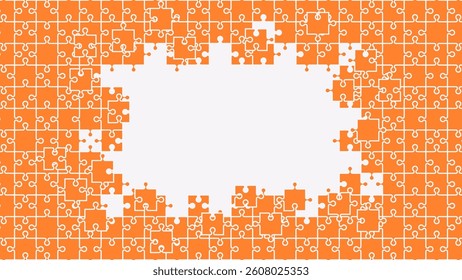 Puzzle pieces background. Vector illustration. Jigsaw puzzle game. Fragments are connected. Problem solution, working in a team concept. Infographic template. Orange color.