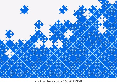 Puzzle pieces background. Vector illustration. Jigsaw puzzle game. Fragments are connected. Problem solution, working in a team concept. Infographic template. Blue color.