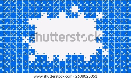 Puzzle pieces background. Vector illustration. Jigsaw puzzle game. Fragments are connected. Problem solution, working in a team concept. Infographic template. Blue color.
