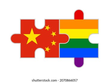 puzzle pieces of china and rainbow flags. vector illustration isolated on white background