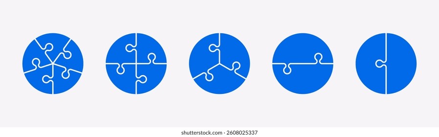 Puzzle pieces in a circle shape isolated. Vector illustration. Jigsaw puzzle game. Blue color. Five, four, three or two components.
