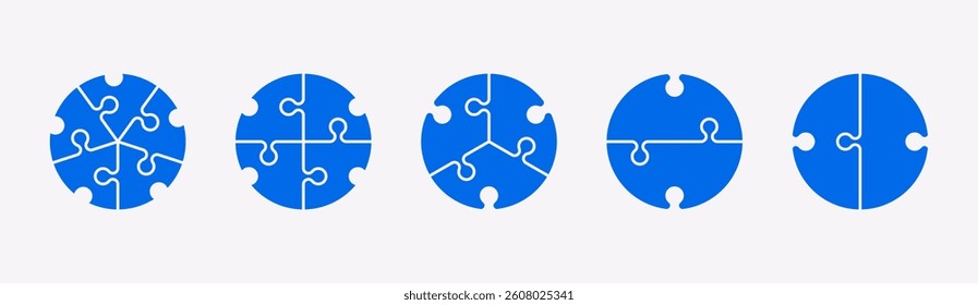Puzzle pieces in a circle shape isolated. Vector illustration. Jigsaw puzzle game. Blue color. Five, four, three or two components.
