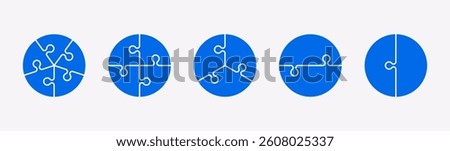 Puzzle pieces in a circle shape isolated. Vector illustration. Jigsaw puzzle game. Blue color. Five, four, three or two components.
