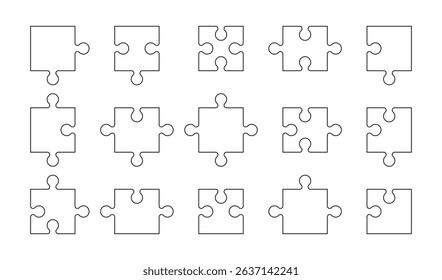 Puzzle pieces collection. Separated puzzle elements with different edges. Blank puzzle elements on a white background. Vector