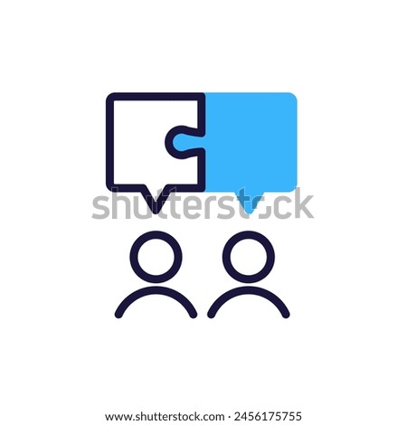 puzzle pieces connected as speech bubbles above two people speaking. Vector illustration for teamwork, communication, partnership