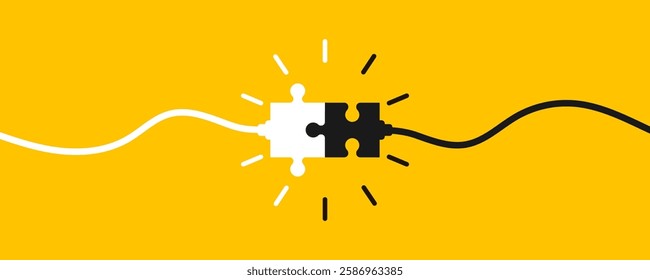 Puzzle pieces connected together. Two puzzle pieces with cables coming together on yellow background. Problem solving concept, business solutions and ideas. Vector illustration.