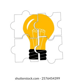 Puzzle pieces connecting the image of a light bulb. Vector illustration in a linear style. Big idea, brainstorming, idea development.