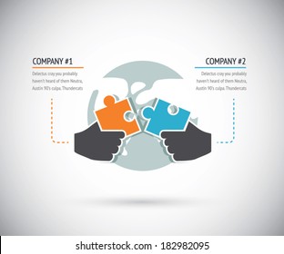 Puzzle Pieces Connecting With Two Businesses For Cooperation. Infographic Vector Concept.