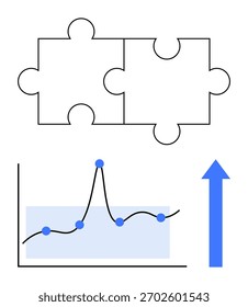 Puzzle pieces connection upward graph trend, blue arrow symbolizing growth. Ideal for teamwork, problem-solving, data analysis, progress, strategy development, business innovation. Line metaphor