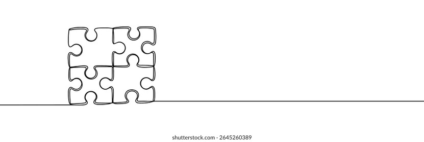 Peças de quebra-cabeça desenho contínuo de uma linha. Peças de quebra-cabeça sinalizam em estilo linear simples. Ilustração vetorial.