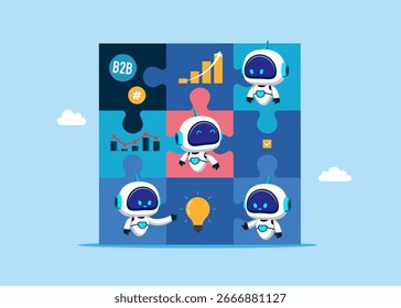 Peças de quebra-cabeça com diferentes robôs em cada, discutindo um projeto. Ilustração de vetor plano