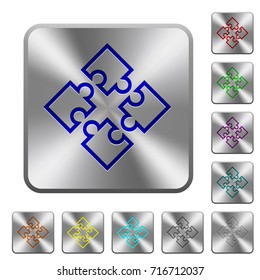 Puzzle pieces engraved icons on rounded square glossy steel buttons