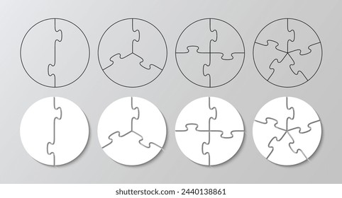 Piezas del rompecabezas rellenas y contorneadas. Colección de plantillas de corte con detalles. Esquema para el juego de pensamiento con 2, 3, 4 y 5 detalles. Conjunto de cuadrículas de rompecabezas de círculo. Ilustración de vector