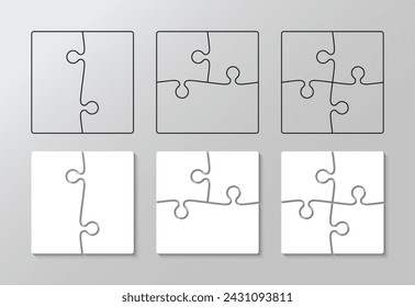 Puzzle pieces filled and outline. Scheme for thinking game. Simple mosaic background with separate details. Jigsaw grids set. Cutting template. Vector illustration.