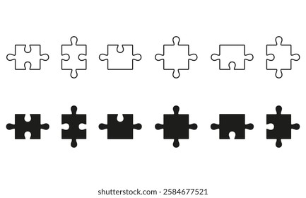 Puzzle Pieces Fit Line and Silhouette Icon Set. Teamwork, Idea, Logic Game, Combination Solution Concept. Editable Stroke. Isolated Vector Illustration.