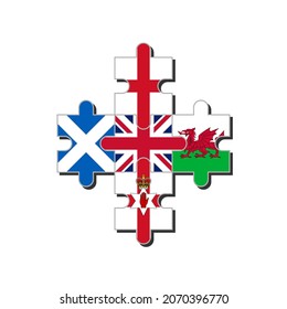 puzzle pieces with flags of united kingdom, england, wales, scotland and northern ireland. vector illustration isolated on white background
