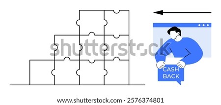 Puzzle pieces form a structure alongside a person on a website holding a cashback sign. Ideal for business planning, marketing, online shopping, cashback promotions, strategic thinking. Simple vector
