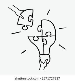 Puzzle pieces forming a light bulb, symbolizing creativity and innovation. Hands assembling the pieces, representing teamwork and problem-solving. Simple black line art doodle vector.