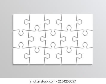 Puzzle pieces grid. Jigsaw template. Thinking mosaic game with 15 separate shapes on background. Puzzle layout with 3x5 details. Laser cut frame. Vector illustration. Paper leisure toy.