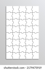 Cuadrícula de piezas de rompecabezas. Plantilla de Jigsaw. Disposición de rompecabezas con detalles 8x5. Marco de corte láser. Ilustración vectorial. Pensando en un juego de mosaicos con 40 formas separadas sobre el fondo. Juguete de ocio de papel.