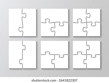 Puzzle pieces grids set cutting template. Jigsaw Scheme for thinking game. Simple mosaic background with separate details. Vector illustration.